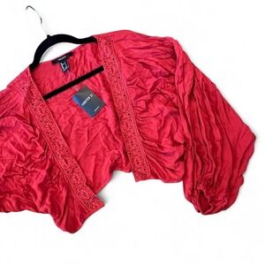 New Forever 21 red cardigan eyelet lace trim balloon arms cuffed womens size S